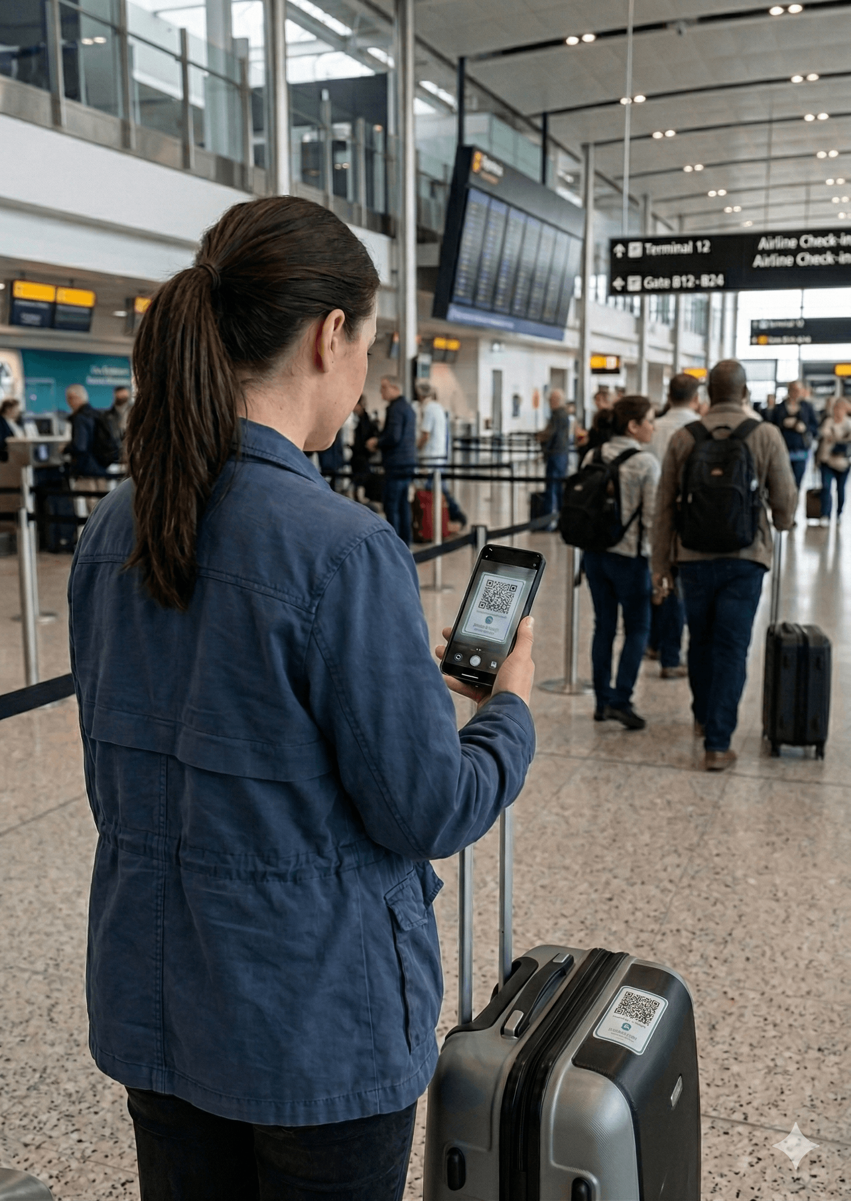 Traveller scanning a JustTaggit QR sticker on luggage at an airport