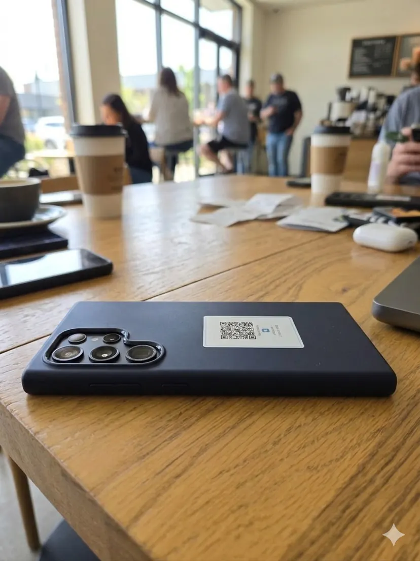 Phone with JustTaggit QR sticker resting on a cafรฉ table