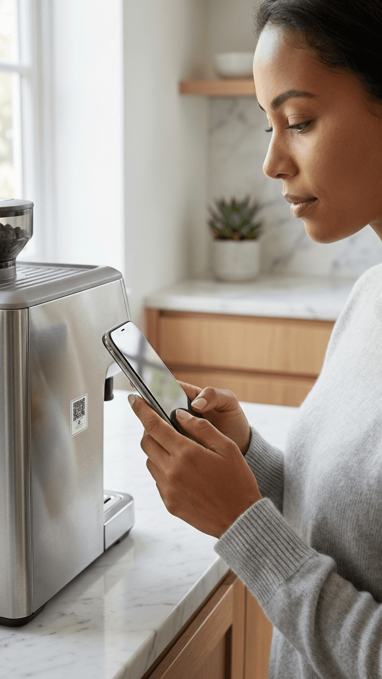 Woman scanning a JustTaggit QR sticker on a coffee machine